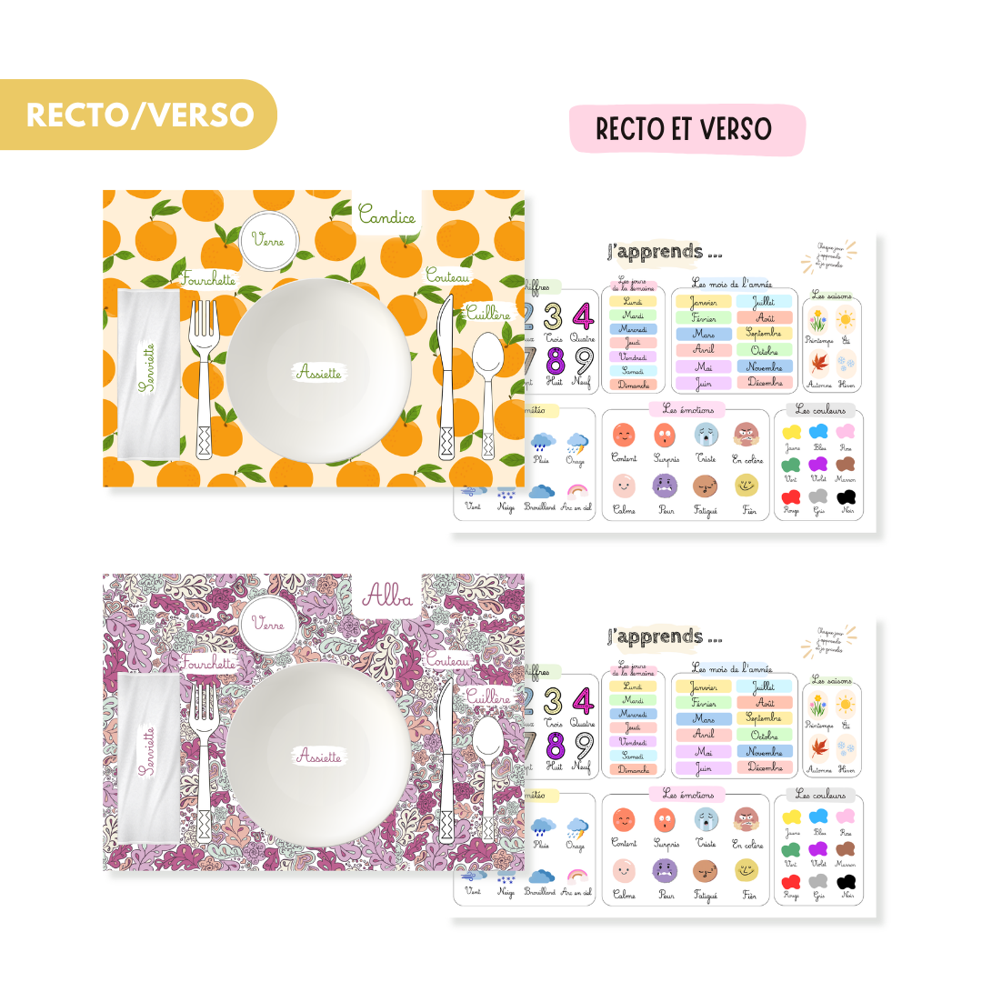 Set de table enfant personnalisé recto verso A3 | Sous main | Apprendre à mettre la table - autonomie enfant - premier apprentissage