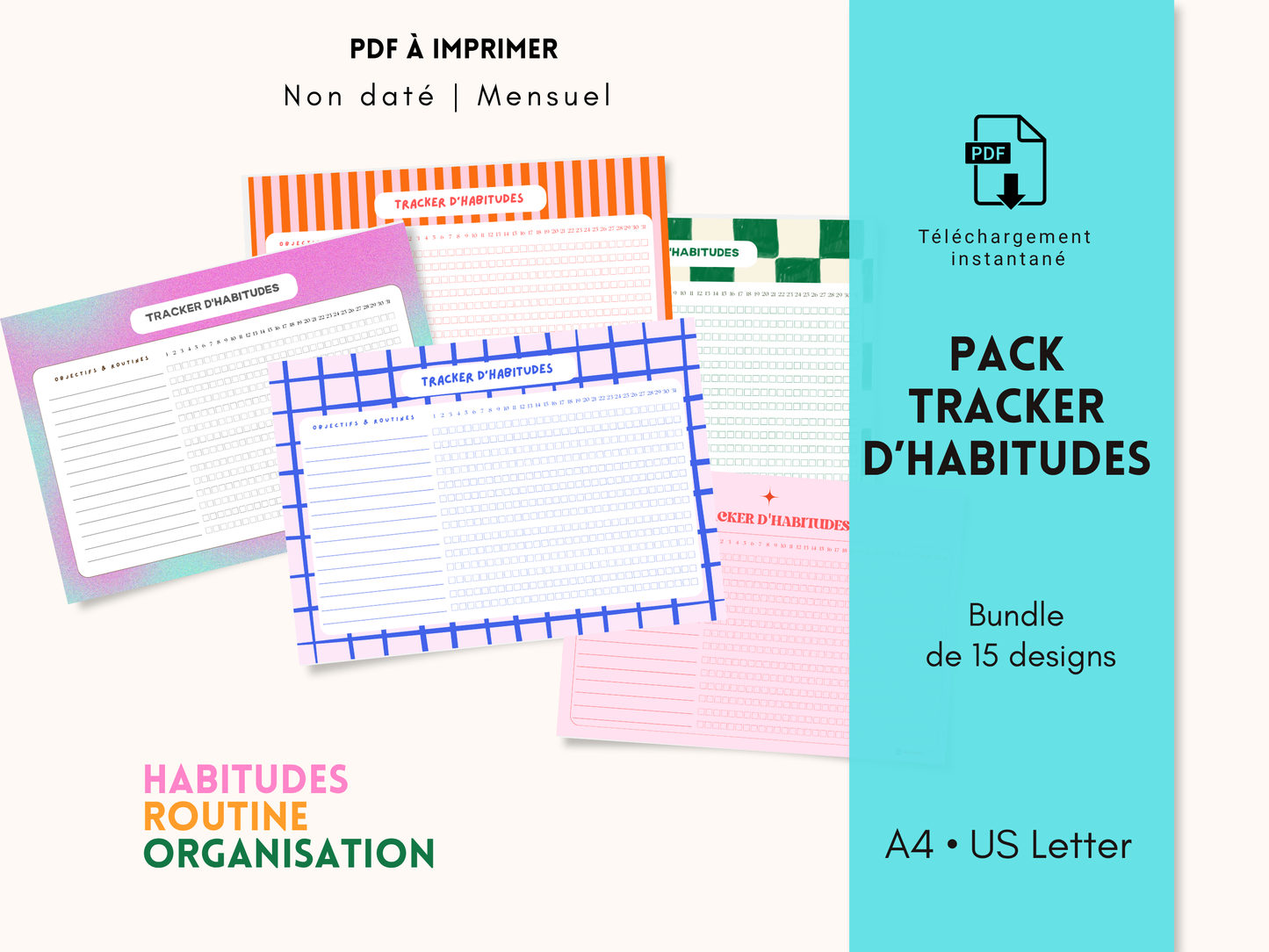 Tracker d’habitudes printable | Pack PDF imprimable | 15 designs